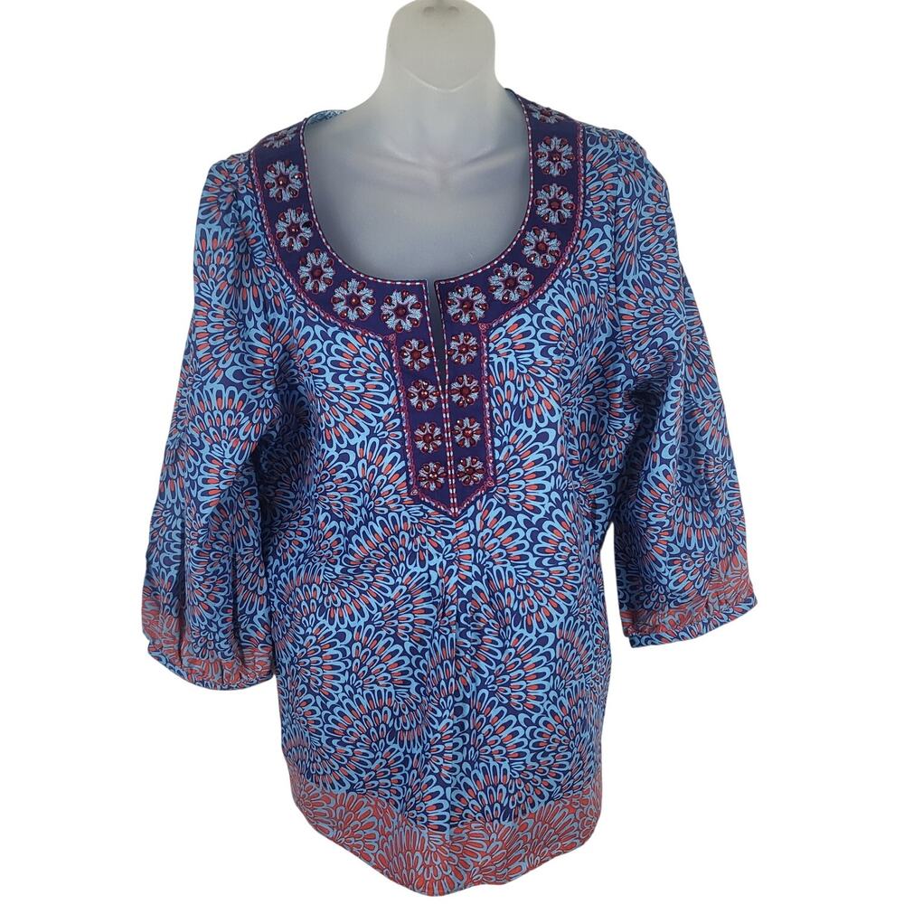 Robert Graham Blue Paisley Beaded Cotton Shirt Tunic Top Blouse Women's XL